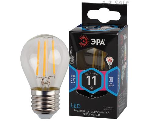 ЭРА F-LED шар G45 Е27 11W(930Lm) 4000K 4K филамент (нитевидная) прозр. 75х45 P45-11W-840-Е27 4741