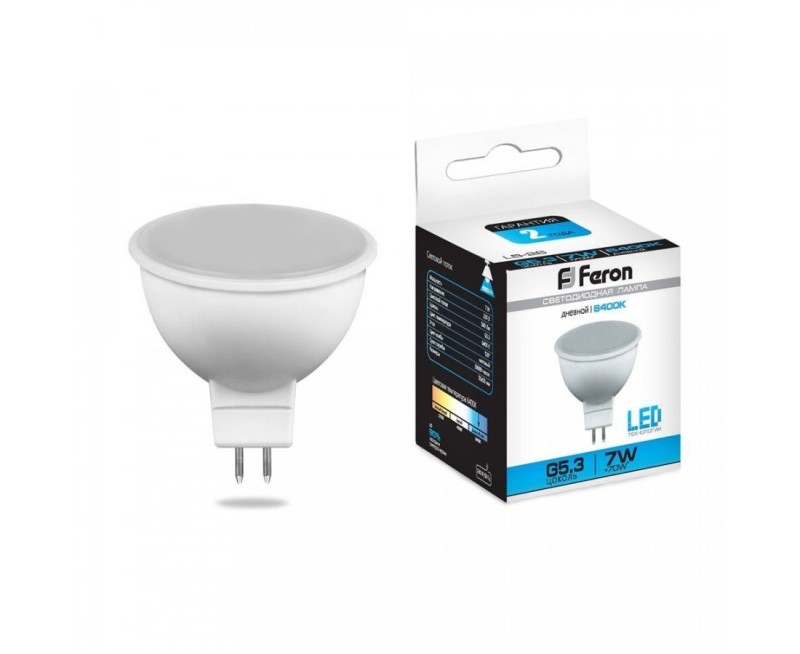 Feron MR16 GU5.3 230V 7W(560lm) 6400K 6K 50x50 матовая LB-26 25237
