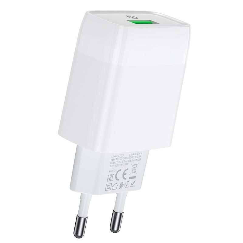 З/У HOCO C72Q Сетевое QC 3.0, 1 USB, Выход: 5V-9V-12V, 18W, White