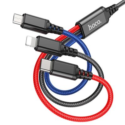 Кабель HOCO X76 USB 3-in-1: Lightning+Micro+Type-C, 1m, 2A, Black+Red+Blue