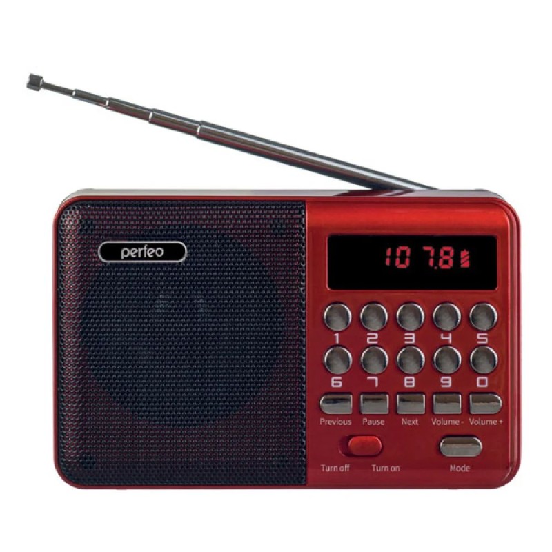 Радиоприемник Perfeo цифровой PALM FM+ 87.5-108МГц, MP3, питание USB или 18650, красный (i90-Red)