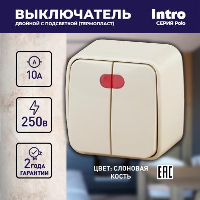 Выключатель двойной с подсветкой Intro 3-105-02, 10А-250В, IP20, ОУ, Polo, сл.кость