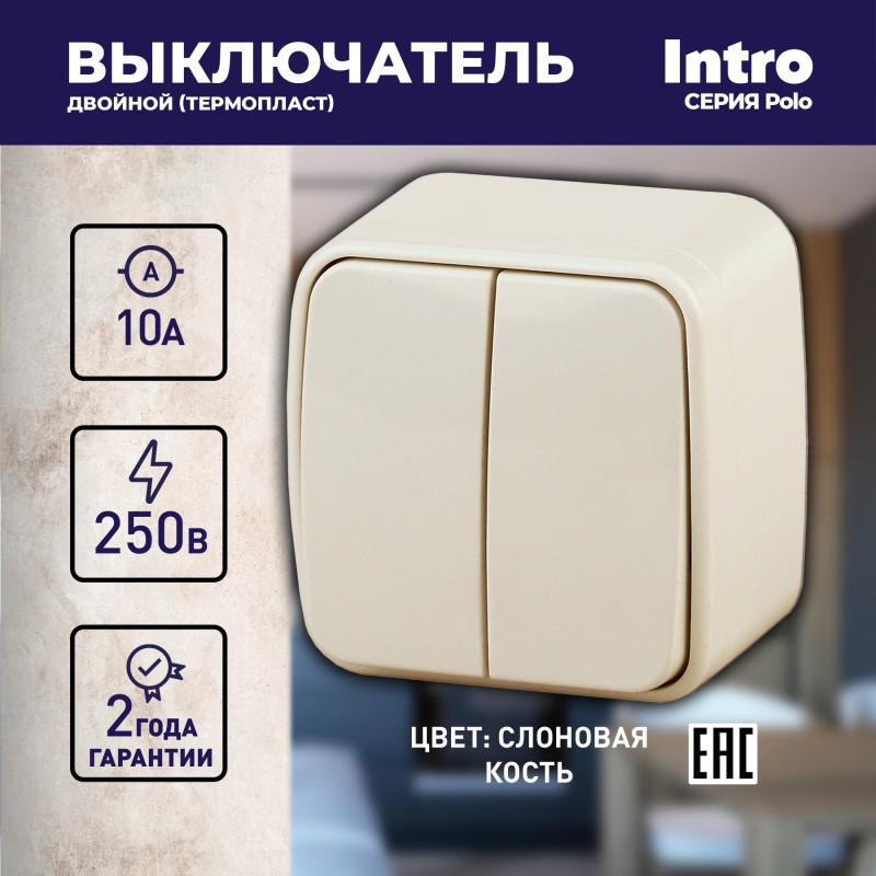 Выключатель двойной Intro 3-104-02, 10А-250В, IP20, ОУ, Polo, сл.кость
