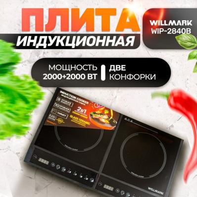 Плита индукционная WILLMARK WIP-2840B, 2000 В+ 2000 В, 2 конфорки, GLASS CERAMIC