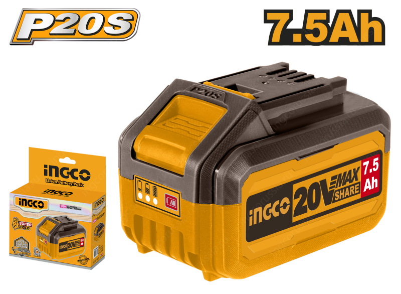 Аккумулятор INGCO FBLI2075, 20В, Li-Ion, 7,5Ah, Индикатор заряда