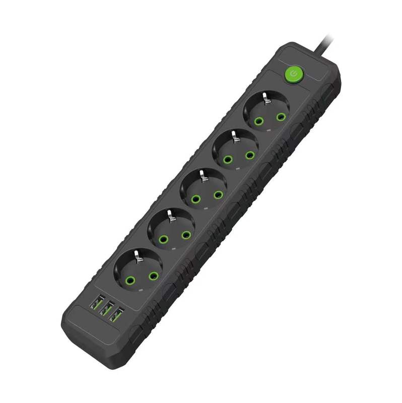 Сетевой удлинитель Amper 2,0м, 5 розеток, 10А, 2500 Вт, 3usb, черный.