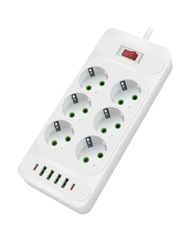 Сетевой удлинитель Amper 2,0м, 6 розеток, 10А, 2500 Вт, 4usb,2Type-C, белый.