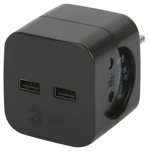 Разветвитель ЭРА 2 роз. (10А) +2xUSB (2.4A/5В), (корпус PC) черный SP-2-USB-B Б0049535