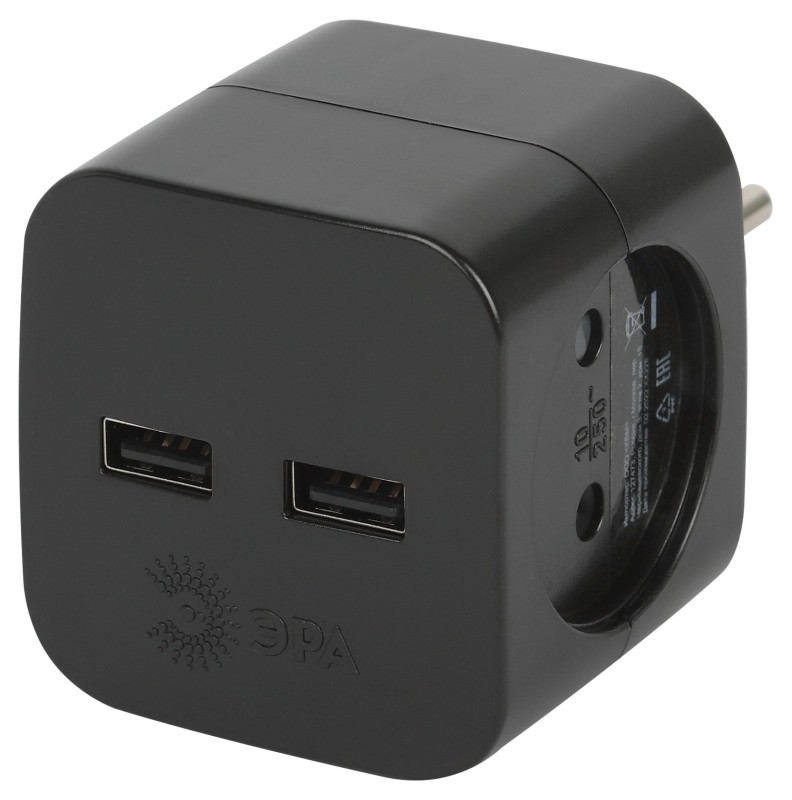 Разветвитель ЭРА 2 роз. (10А) +2xUSB (2.4A/5В), (корпус PC) черный SP-2-USB-B Б0049535