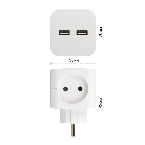 Разветвитель ЭРА (тройник) 2 роз. (10А) +2xUSB (2.4A/5В), (корпус PC) белый SP-2-USB-W 49531