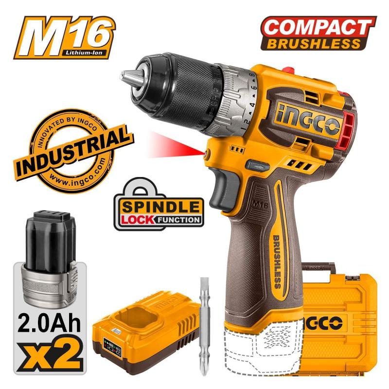 Шуруповерт INGCO CDLI16682 бесщеточный Li-ion 16 В. 60 Нм 2 Ач, 2 АКБ, кейс INDUSTRIAL