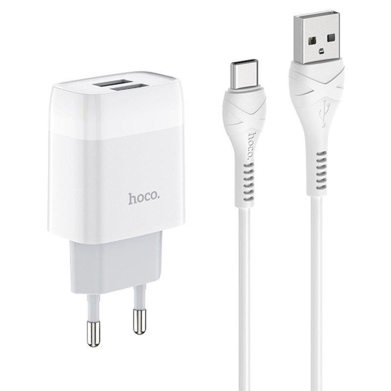 Сетевое зарядное устройство HOCO C73A Glorious 2xUSB с Кабелем USB - Type-C, 2.4A, 10.8W, белый