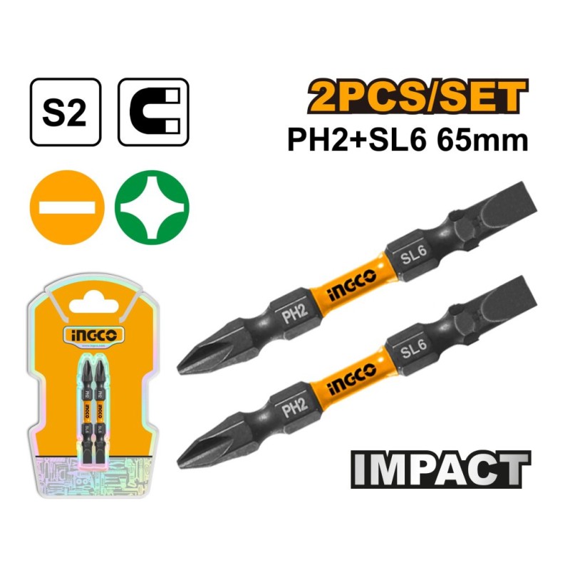 Бита PH2+SL6 65мм, ударная, 2 шт INGCO SDBIM72HL665 INDUSTRIAL