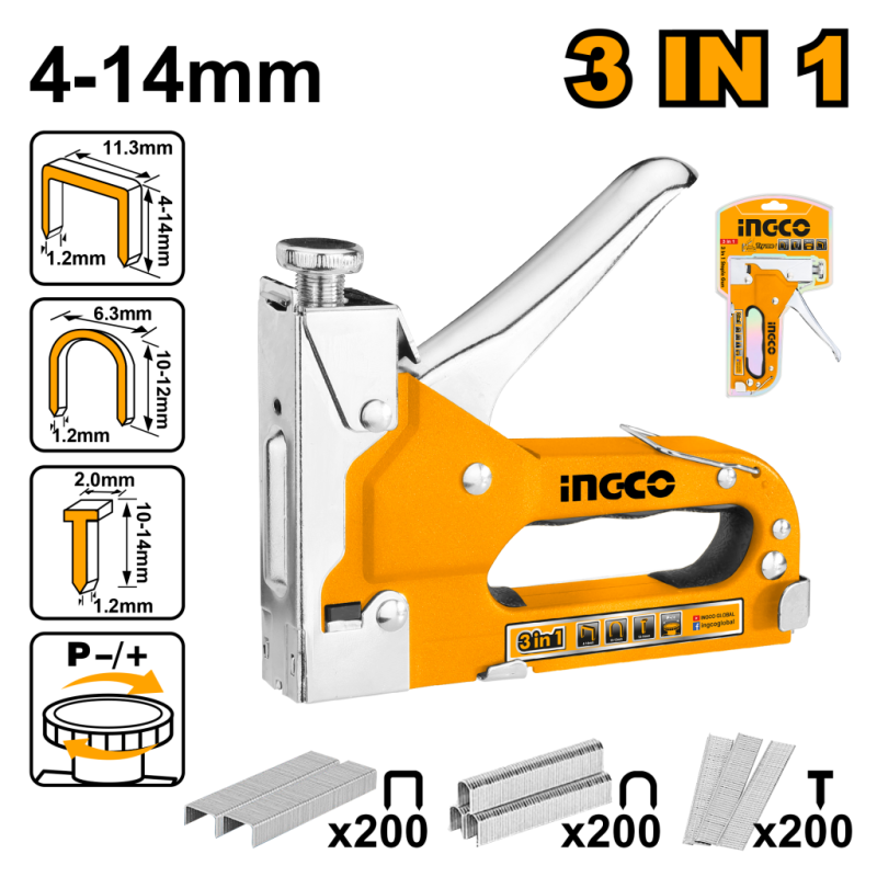 Степлер мебельный тип 53, 55, 300, металл, 3 в 1 4-14, 10-12мм INGCO HSG1405