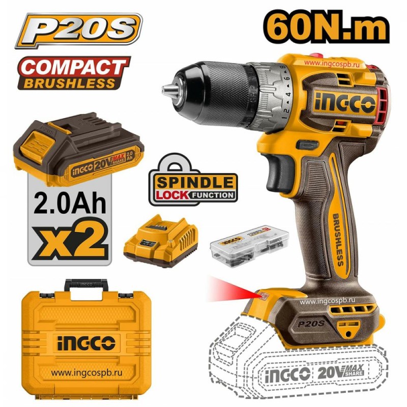 Шуруповерт INGCO CDLI20602 бесщеточный Li-ion 20.0 В, 2Ач, 60 Нм, 2акб, кейс INDUSTRIAL
