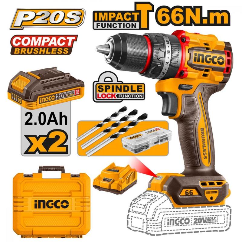 Шуруповерт INGCO CIDLI20668 ударный бесщеточный Li-Ion 20.0 В, 2.0 Ah. 2 АКБ 66 Нм  INDUSTRIAL NEW