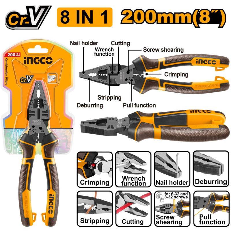 Плоскогубцы 180 мм многофункциональные 8 в 1, INGCO HMFCP28200 INDUSTRIAL
