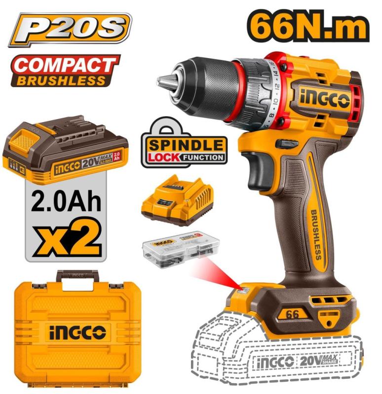 Шуруповерт INGCO CDLI20668 бесщеточный Li-ion 20.0В, 2Ач, 66 Нм, 2акб, кейс  INDUSTRIAL