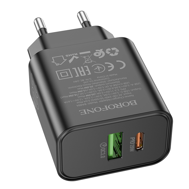 З/У BOROFONE BA88A Сетевое + Кабель C-C 1m/PD + QC 3.0/ 2 USB: Type-C + Type-A/ Выход: 20W+18W черн