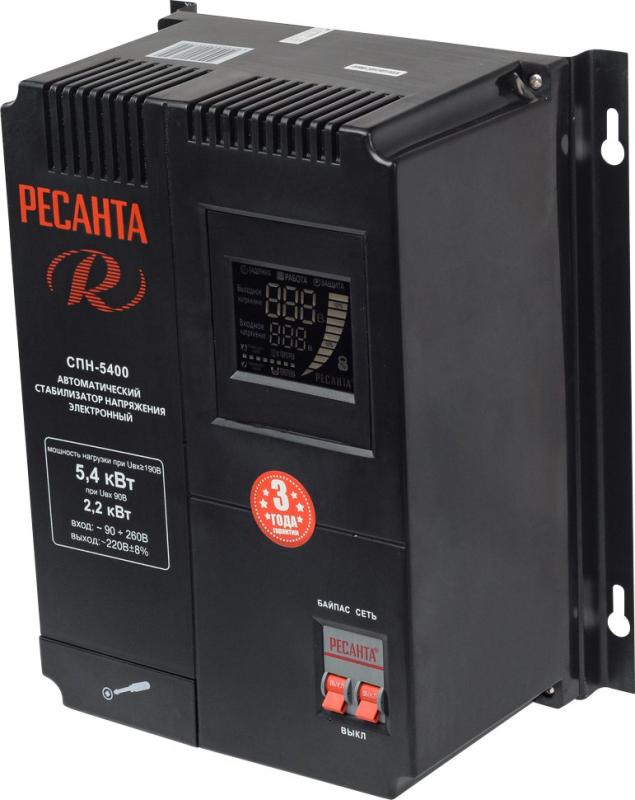 Стабилизатор СПН- 5400 Ресанта (однофазный, 90-260 В, 28,4А, 5.4кВт, 50Гц, клеммы, LCD-дисплей)