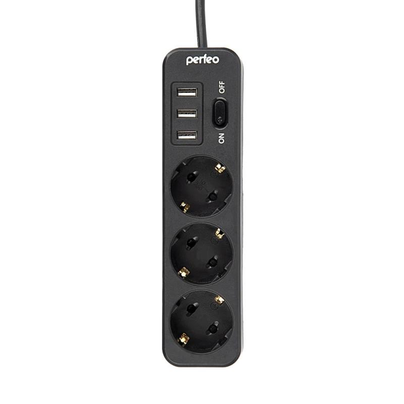 Сетевой фильтр Perfeo "POWER STREAM", 2500W, 4м, 3 розетки, 3 USB, черный.
