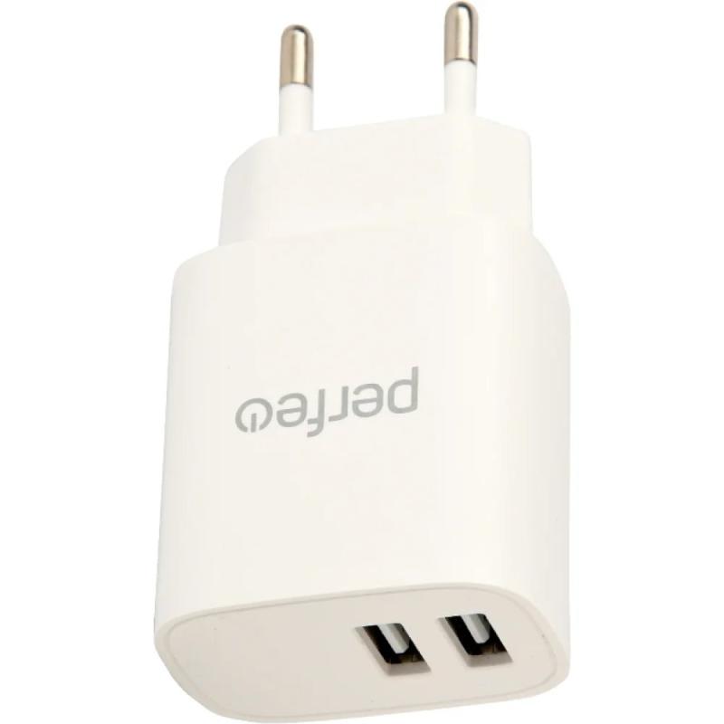 Сетевое зарядное устройство Perfeo с двумя разъемами USB, 2.4А, белый (I4658)