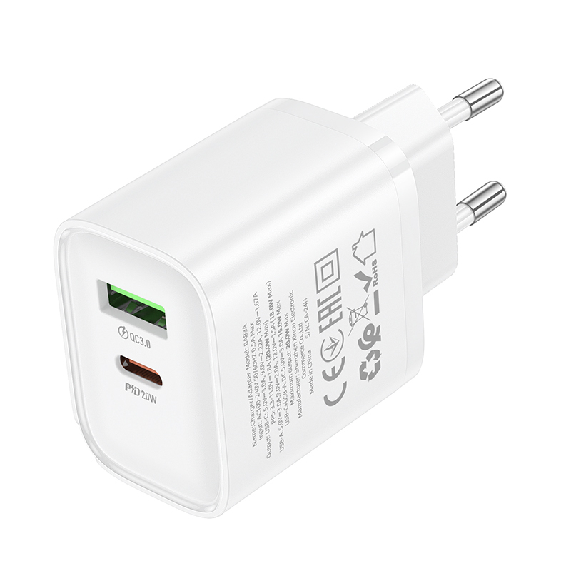 Сетевое зарядное устройство BOROFONE BA83A PD + QC 3.0/ 2 USB/ 20W/ White