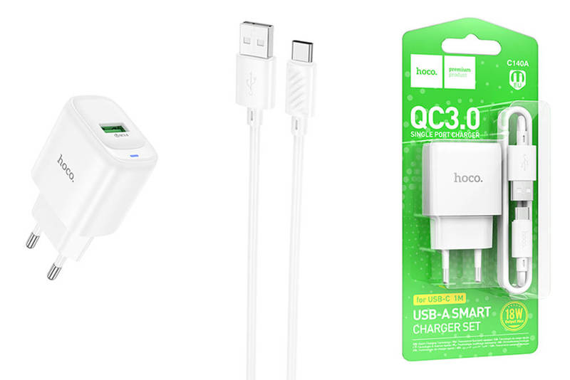 Сетевое зарядное устройство HOCO C140A + Кабель Type-C 1m/ QC 3.0/ 1 USB/ Выход: 18W/ White