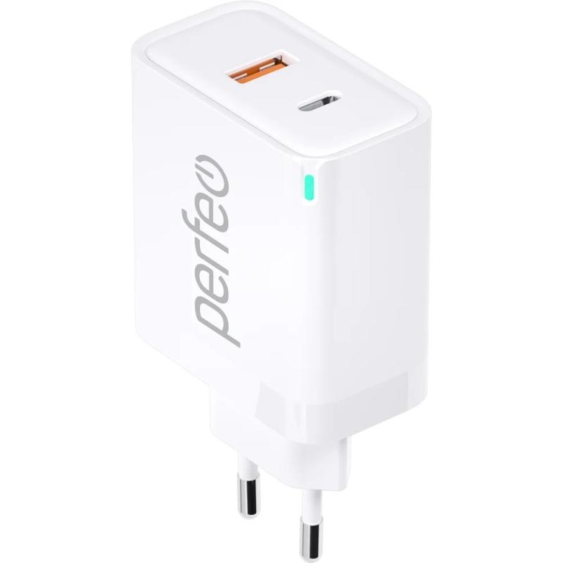 Сетевое зарядное устройство Perfeo с двумя разъемами USB-A+TYPE-C, GaN, 45W, белый (I4654)