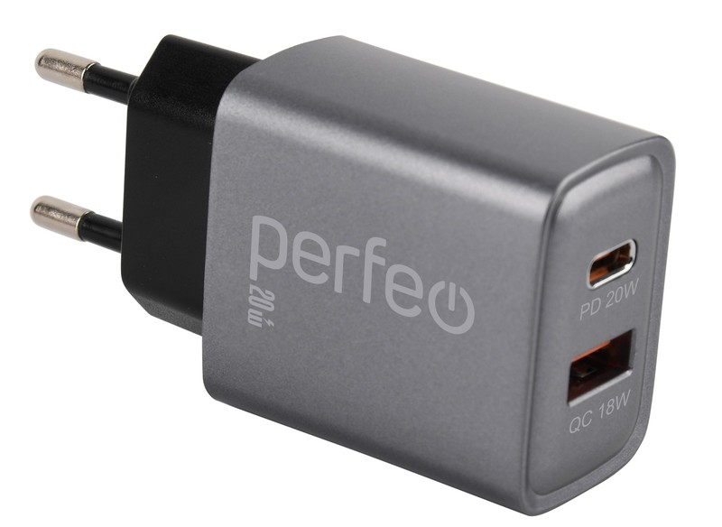 З/У Perfeo Сетевое с двумя разъемами USB-A+TYPE-C, 20W, серый (I4669)