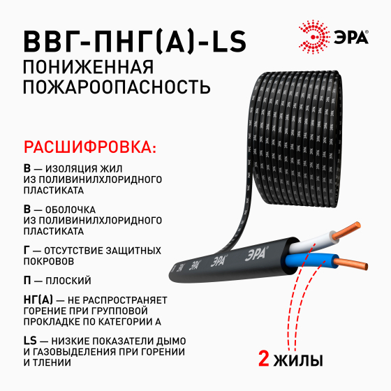 Кабель ВВГ-Пнг(А)-LS 2х1,5 (бухта 20м) ГОСТ плоский, негорюч, с пониж газовыд ЭРА Б0058781