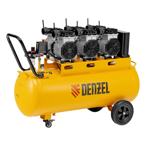 Компрессор безмаслянный малошумный DLS 3300/100, 3300 Вт,3х1100, 100 л, 570 л/мин блок управ. Denzel
