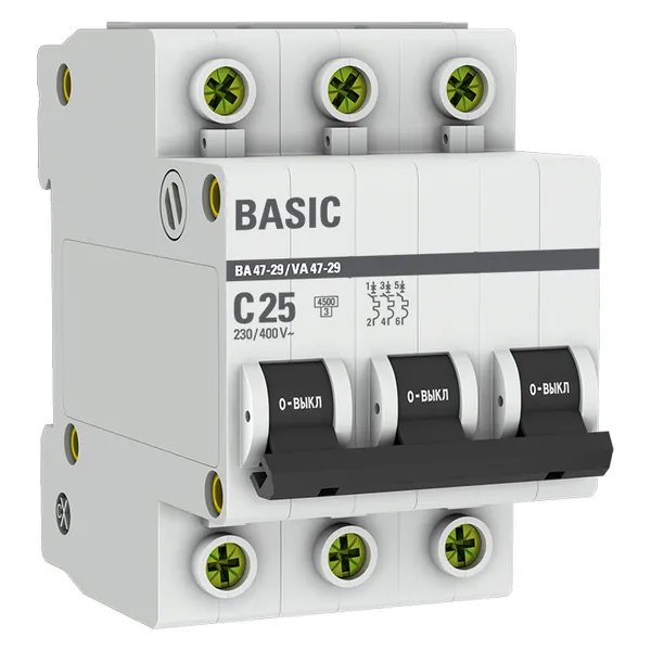 Автоматический выкл. EKF Basic ВА47-29 3P 25А хар-ка C 4,5кА mcb4729-3-25C