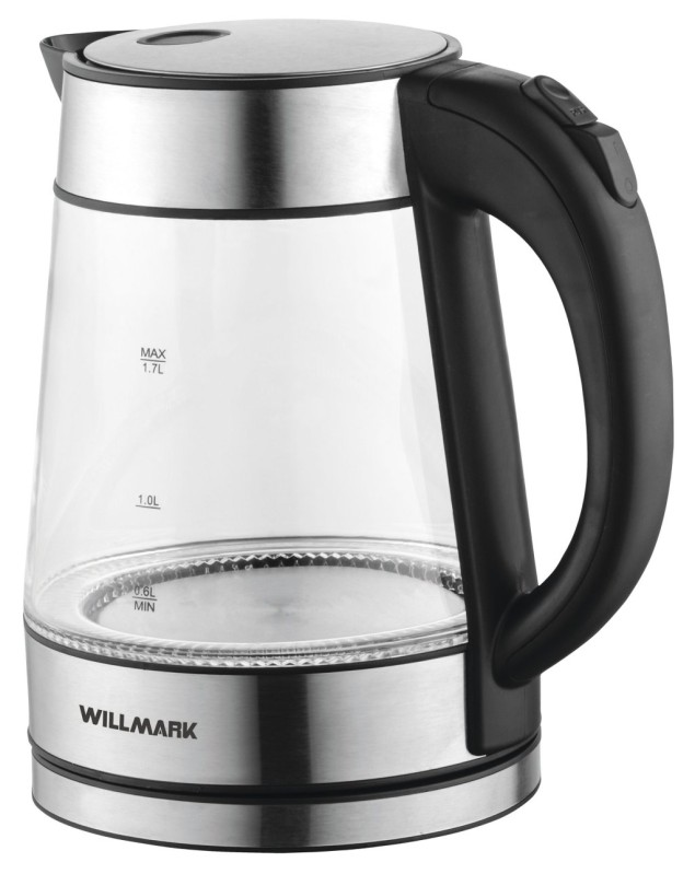 Чайник WILLMARK WEK-1736G черный, стекло/пластик, 1.7л, 2200Вт, LED подстветка