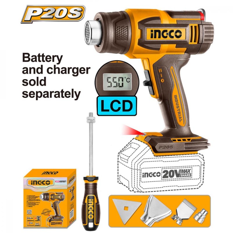 Фен технический аккумуляторный INGCO HGLI2003 20В, t 300-550  Без АКБ и З/У INDUSTRIAL