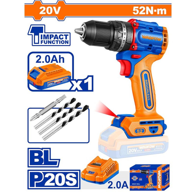 Шуруповерт WADFOW WCDP5282 ударный бесщеточный Li-ion 20.0B 2 Ач, 52 Нм, 1 акб