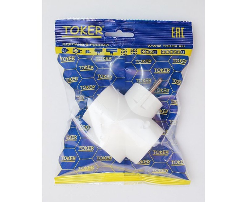 Разветвитель (тройник) TOKER 3T1 3роз. 16А белый, 1 роз. земля (T-образный) ИУ (аналог код 10321)