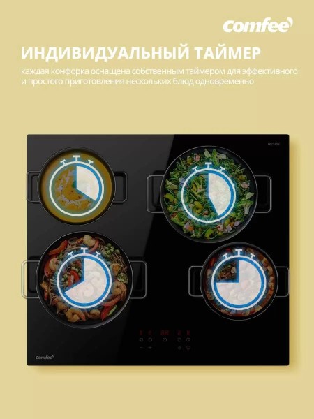 Варочная панель Comfee CEH601 черный, стеклокерамика, 4 конфорки, 9 уровней мощности, 6.5кВт