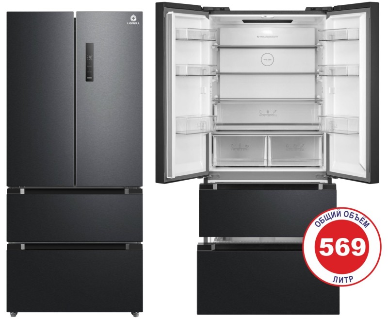 Холодильник LIGRELL RFC-771ID INVENTER черный, 569/427/142л, А++, 1898х833х653мм