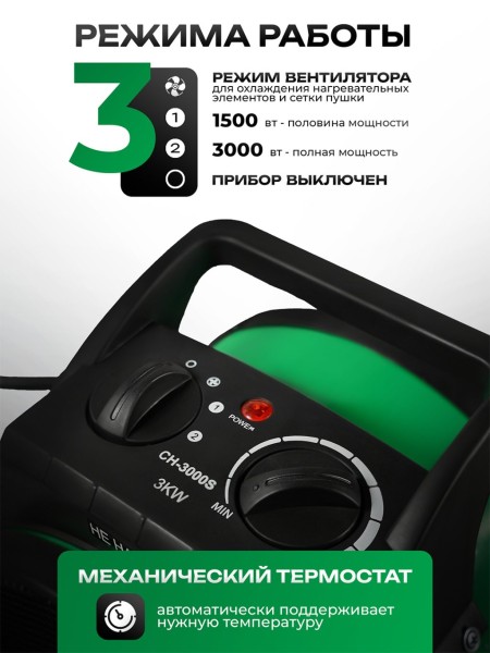 Тепловая пушка ELECTROLITE CH 3000S, 3000Вт, 40м2, 218м3/ч, 3 режима работы