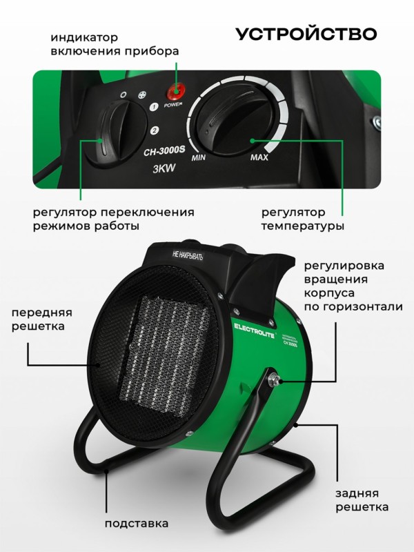 Тепловая пушка ELECTROLITE CH 3000S, 3000Вт, 40м2, 218м3/ч, 3 режима работы