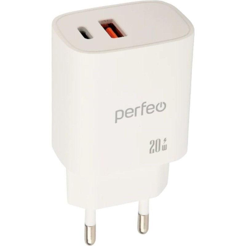 Зарядное устройство Perfeo Сетевое с двумя разъемами USB-A+TYPE-C, 20W, белый (I4661)