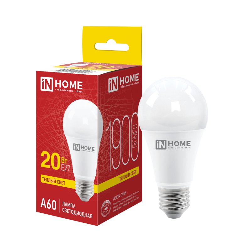 Светодиодная лампа ASD/InHome VC ЛОН A60 E27 20W(1900lm) 3000К 2K 112x60 (без пульсации) 0297